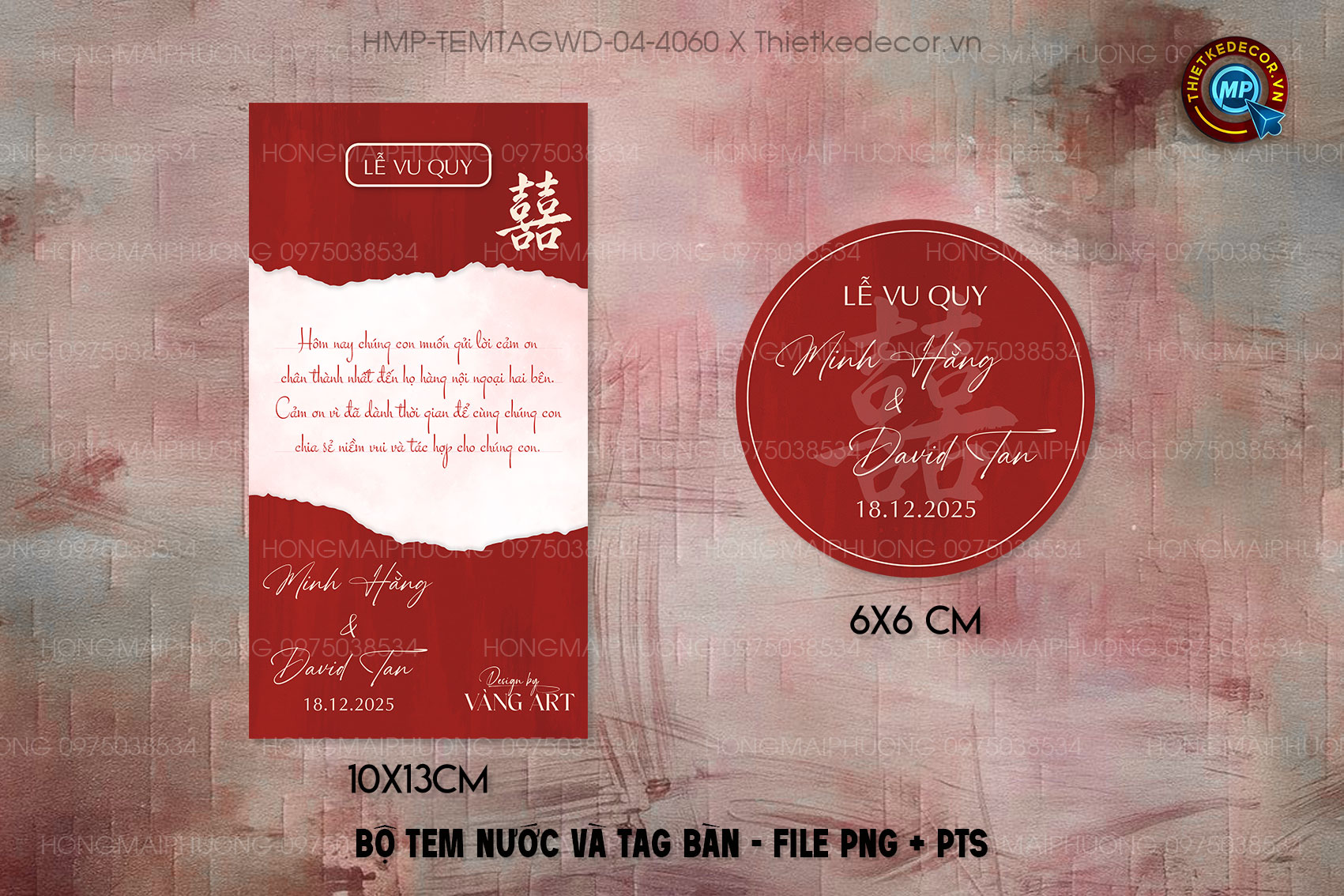 Bộ Tem nước tag bàn tone đỏ Vintage họa tiết hoa